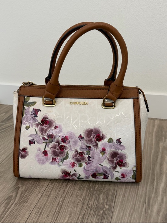 Calvin Klein Handbags - Calvin Klein White Floral Satchel with Brown Trim
